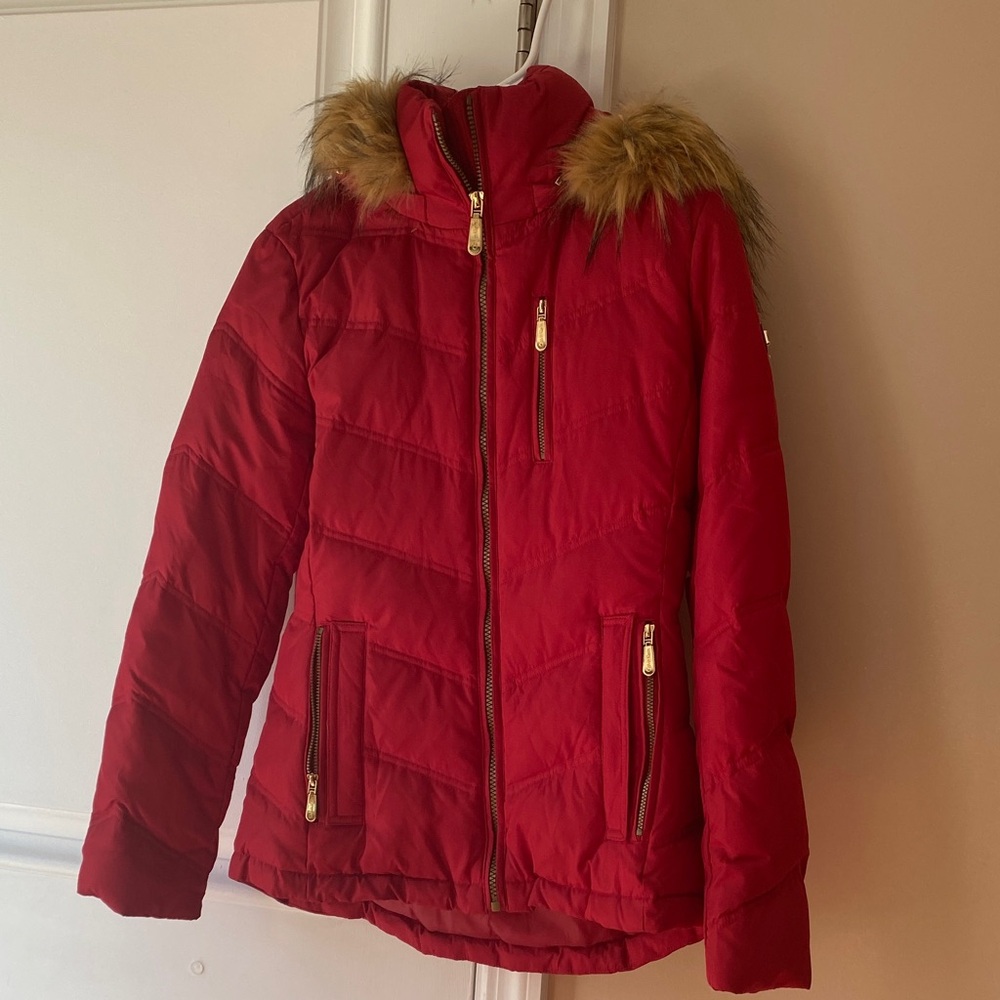 Calvin Klein Red Puffer Jacket with Faux Fur Trim